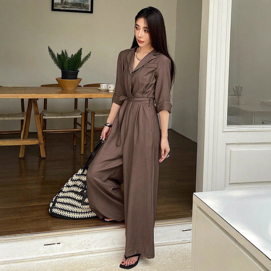 Elegant Solid-Color V-Neck Long-Sleeve Lace-Up Wide-Leg Jumpsuit