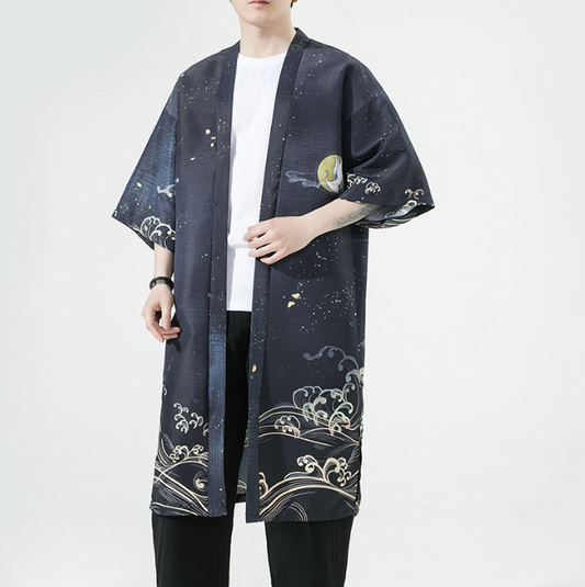 Summer New Chinese Style Men Fashion Print Long Crane Hanfu Japanese Large Cardigan Cloak Men