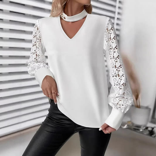 Womens Commuter V-Neck Lace Hollow-Out Long-Sleeve Shirt