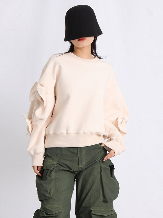 Patchwork Bow Sweatshirts For Women Round Neck Long Sleeve Loose Casual Pullover Solid Sweatshirt Female Fashion