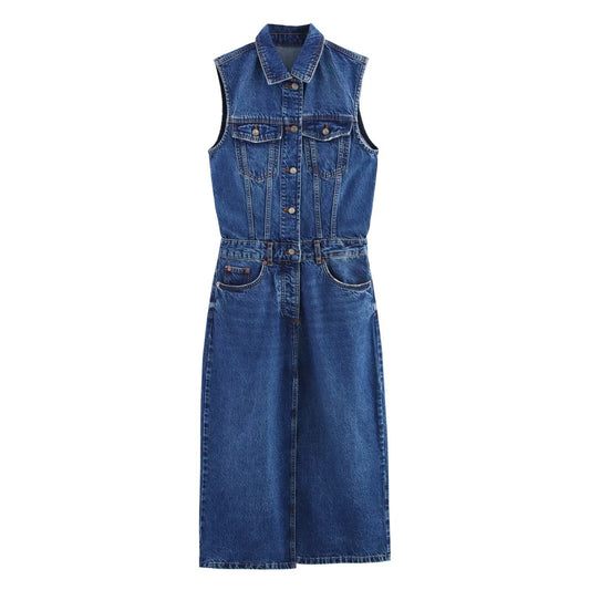 Fashion collar sleeveless denim dress for women
