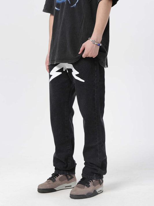 American high street pentagram printed jeans men fashion brand street loose wide leg casual straight trousers