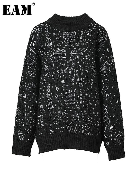 Black Jacquard Big Size Knitting Sweater Round Neck Long Sleeve Women Pullovers New Fashion Autumn Winter