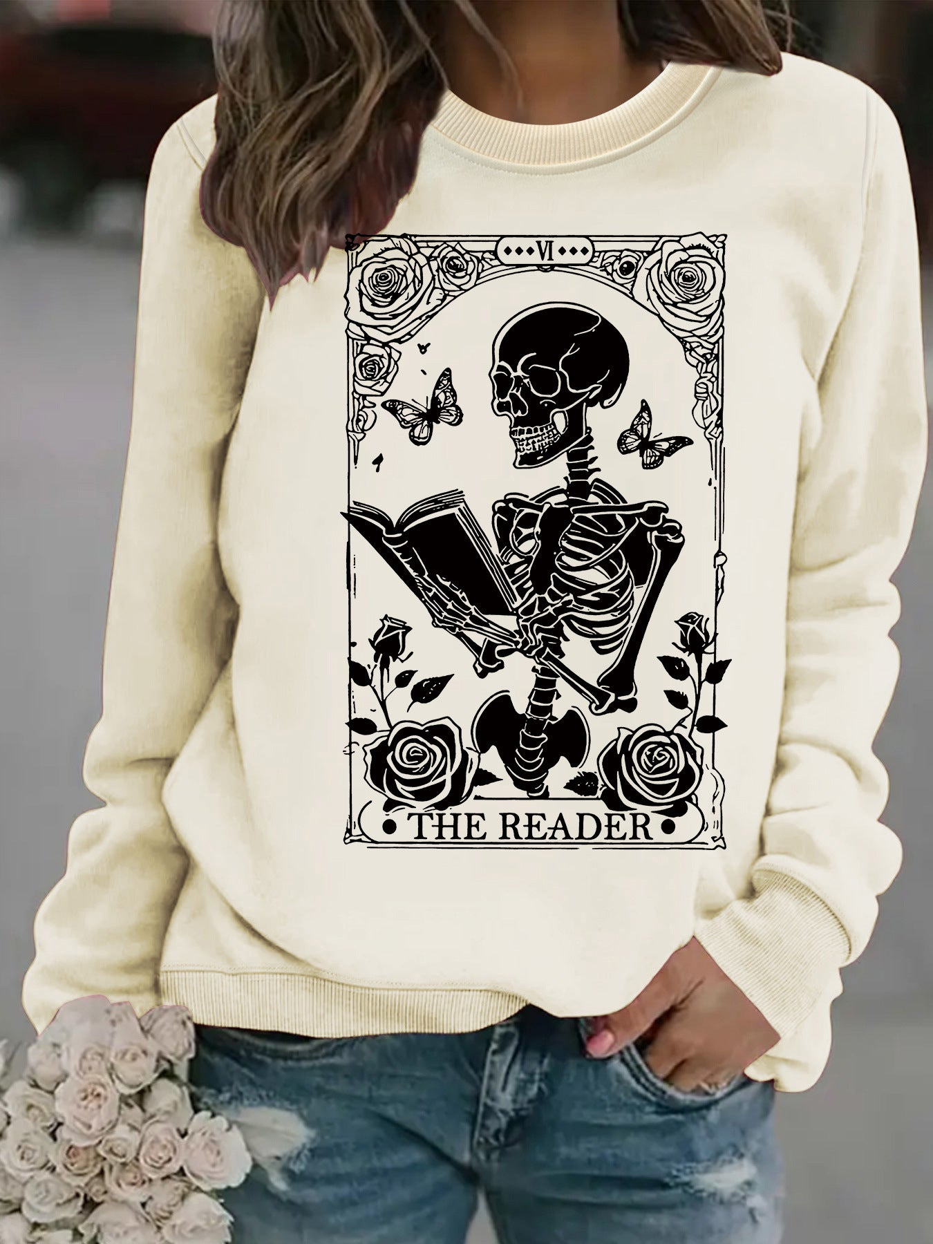 Skeleton Reading Butterfly Pattern Printed Hoodie
