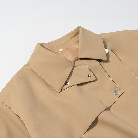 Khaki medium long lapel waist tied windbreaker jacket