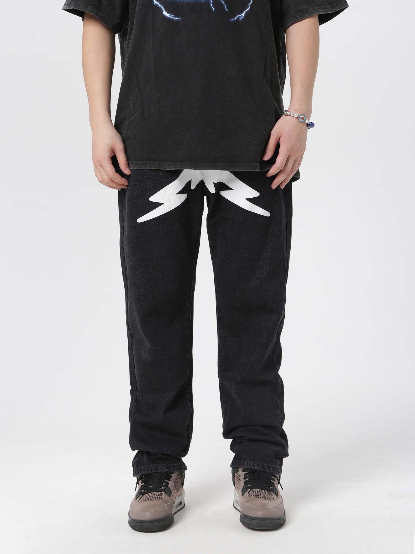 American high street pentagram printed jeans men fashion brand street loose wide leg casual straight trousers