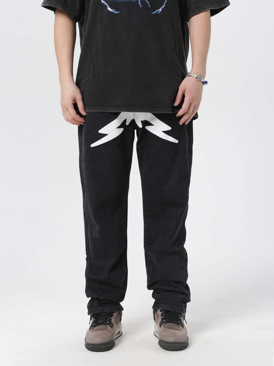 American high street pentagram printed jeans men fashion brand street loose wide leg casual straight trousers