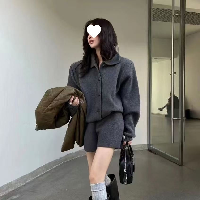 New Springautumn Polo-neck Sweater Jacket Short Two-piece Set