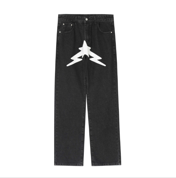 American high street pentagram printed jeans men fashion brand street loose wide leg casual straight trousers