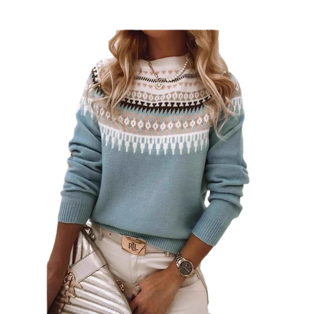 Half high collar pullover straight tube printed neutral style sweater