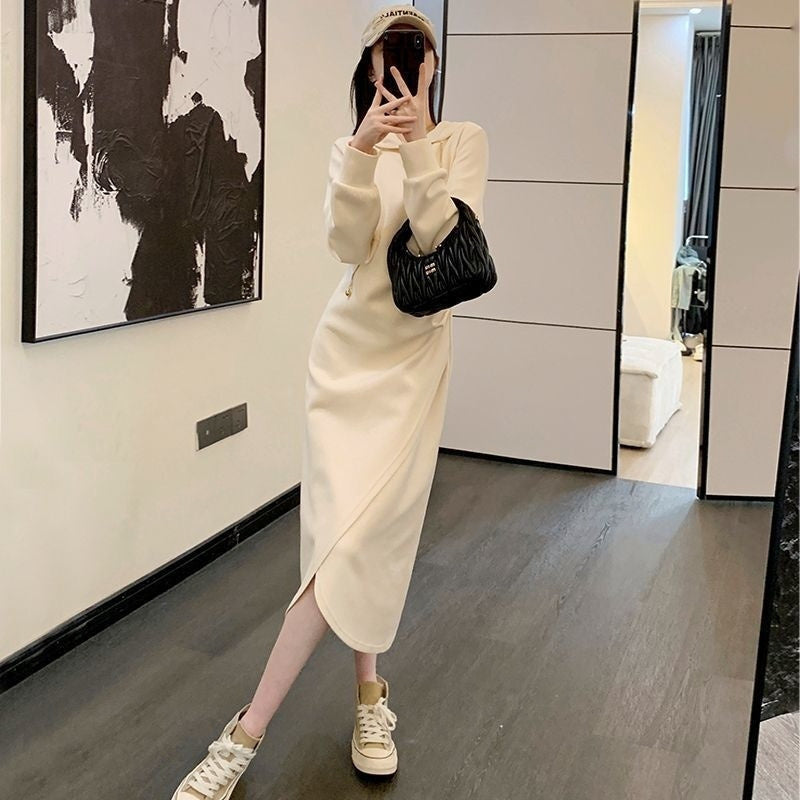 Stylish Casual Mid Length Hooded Dress That Falls Below The Knee