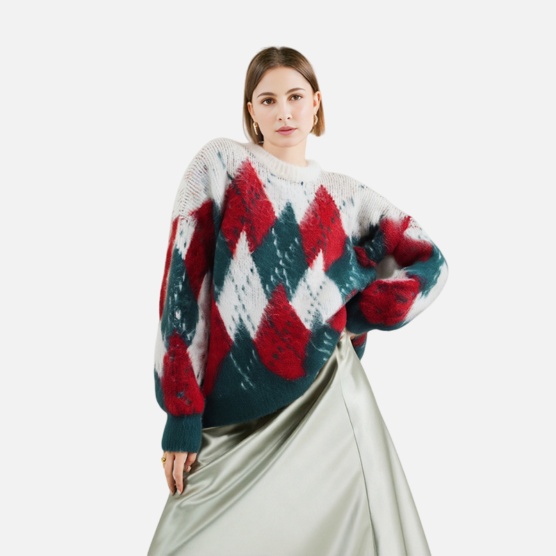 Retro contrasting diamond grid Christmas sweater with loose and lazy style soft and sticky knitted top for women