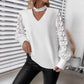 Womens Commuter V-Neck Lace Hollow-Out Long-Sleeve Shirt