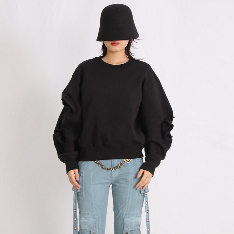 Patchwork Bow Sweatshirts For Women Round Neck Long Sleeve Loose Casual Pullover Solid Sweatshirt Female Fashion