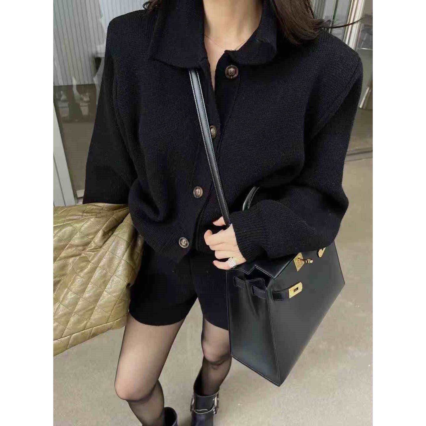 New Springautumn Polo-neck Sweater Jacket Short Two-piece Set