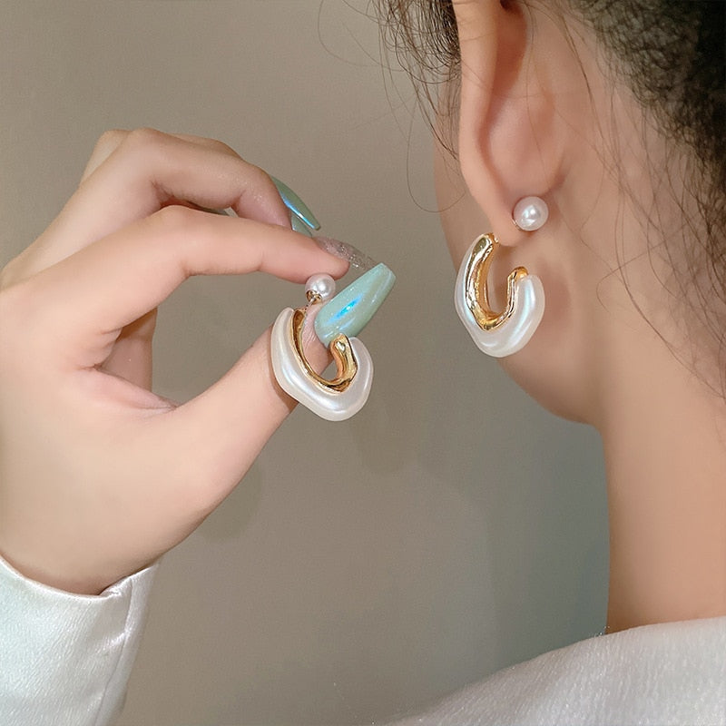 Irregular Pearl Hoop Earrings For Woman Korean Fashion Jewelry Unusual Accessories For Gothic Party Girls Jewelry Accessories