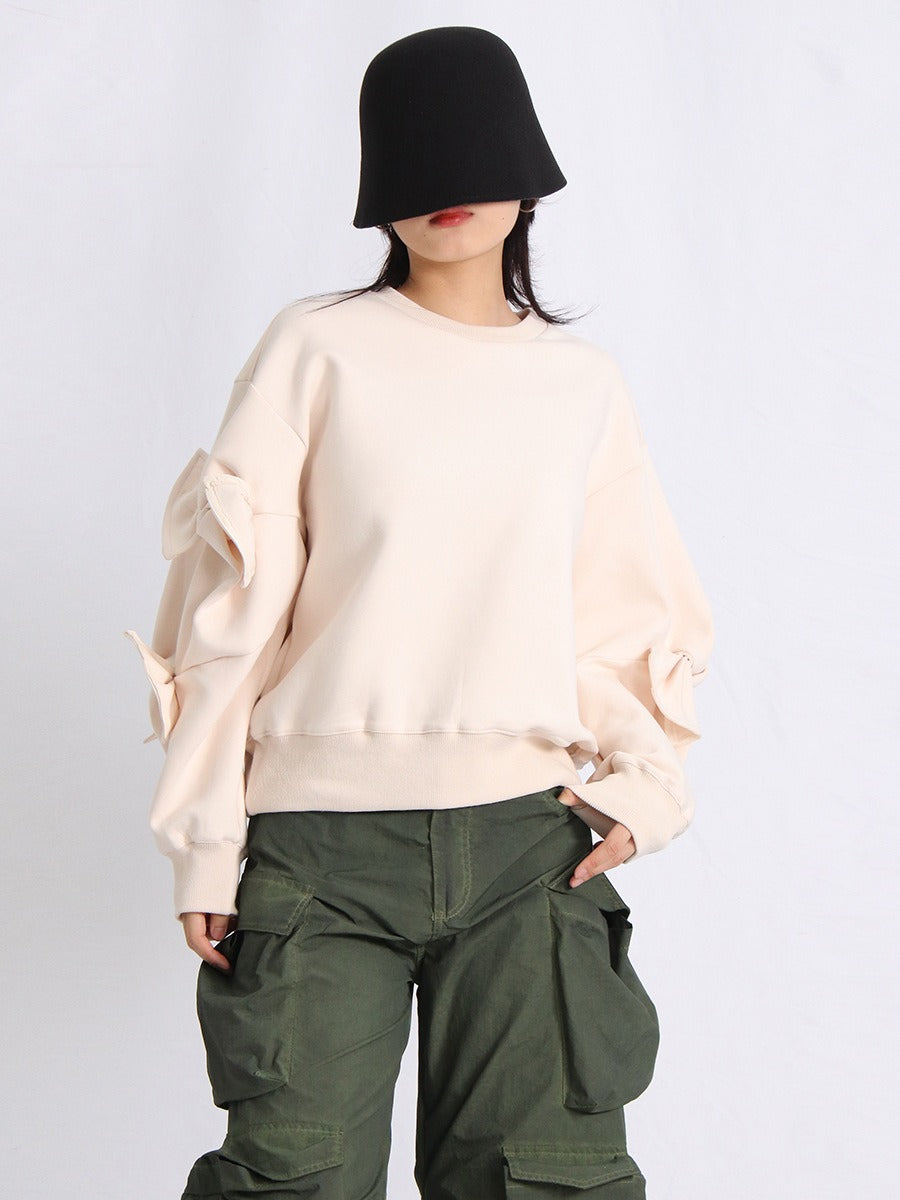 Patchwork Bow Sweatshirts For Women Round Neck Long Sleeve Loose Casual Pullover Solid Sweatshirt Female Fashion