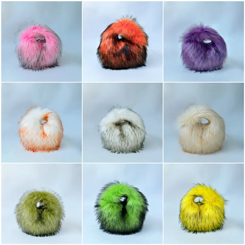 Fashion Soft Faux Fur Women Handbags Designer Y2K Long Plush Lady Hand Bags Luxury Round Clutch Bag Fluffy Female Purse
