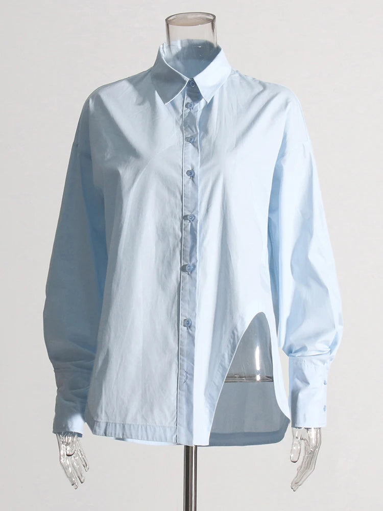 Solid Temperament Shirt For Women Lapel Long Sleeve Patchwork Single Breasted Minimalist Blouse Female Fashion