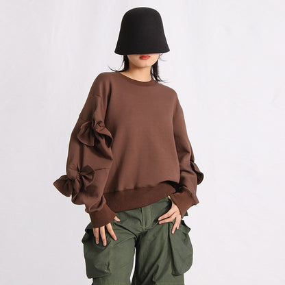Patchwork Bow Sweatshirts For Women Round Neck Long Sleeve Loose Casual Pullover Solid Sweatshirt Female Fashion