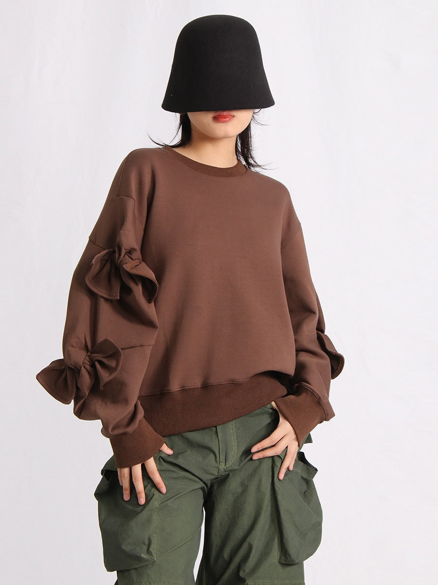 Patchwork Bow Sweatshirts For Women Round Neck Long Sleeve Loose Casual Pullover Solid Sweatshirt Female Fashion