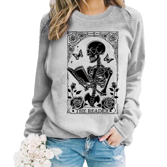Skeleton Reading Butterfly Pattern Printed Hoodie