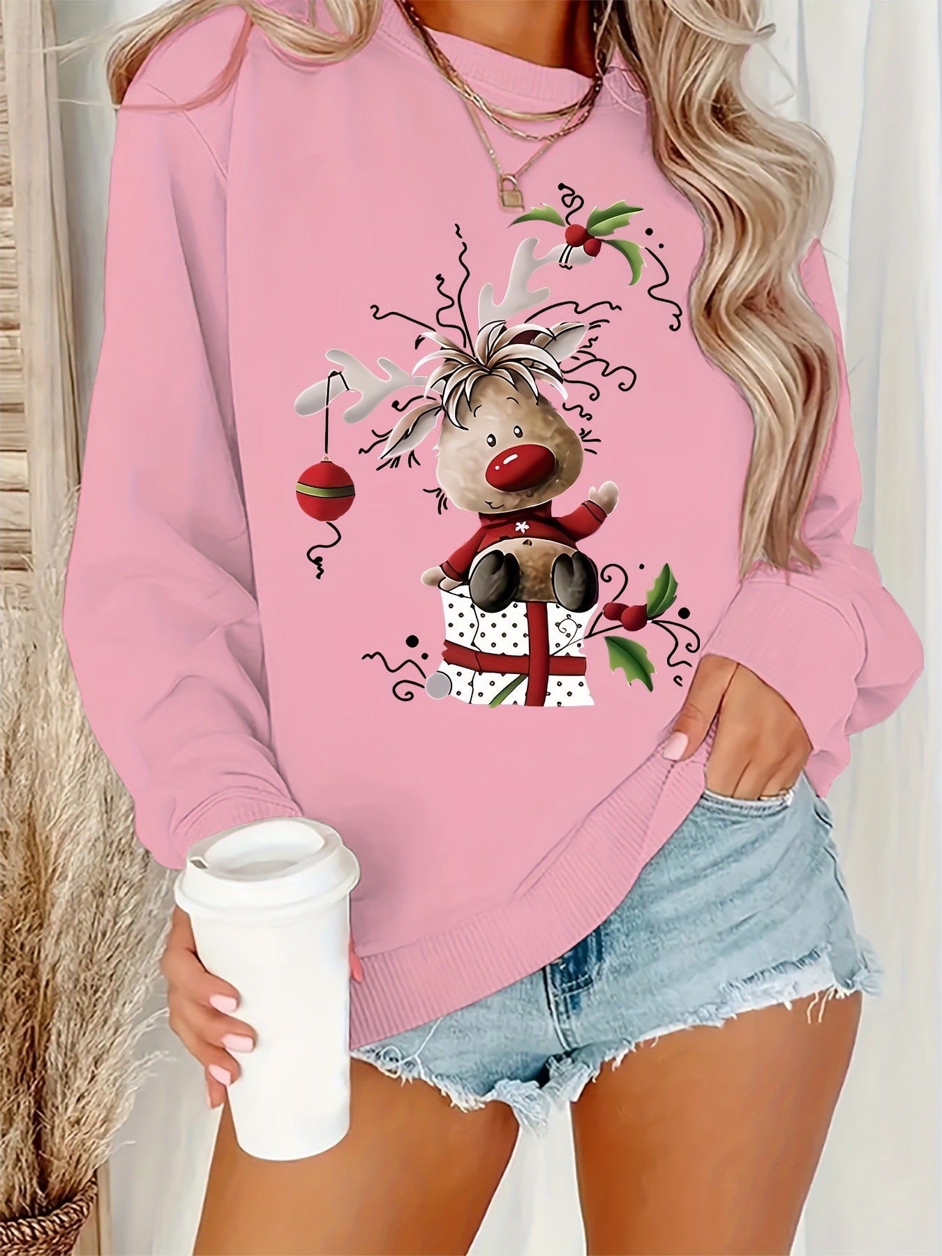 Long Sleeve Christmas Reindeer Graphic Crew Neck Sweatshirt