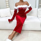 Women's sexy Christmas red dress autumn and winter new style temperament banquet mid length skirt