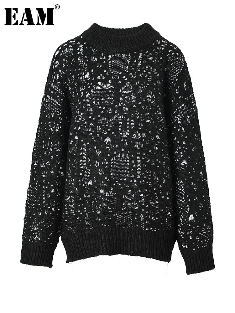 Black Jacquard Big Size Knitting Sweater Round Neck Long Sleeve Women Pullovers New Fashion Autumn Winter