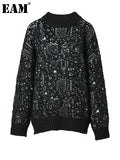 Black Jacquard Big Size Knitting Sweater Round Neck Long Sleeve Women Pullovers New Fashion Autumn Winter