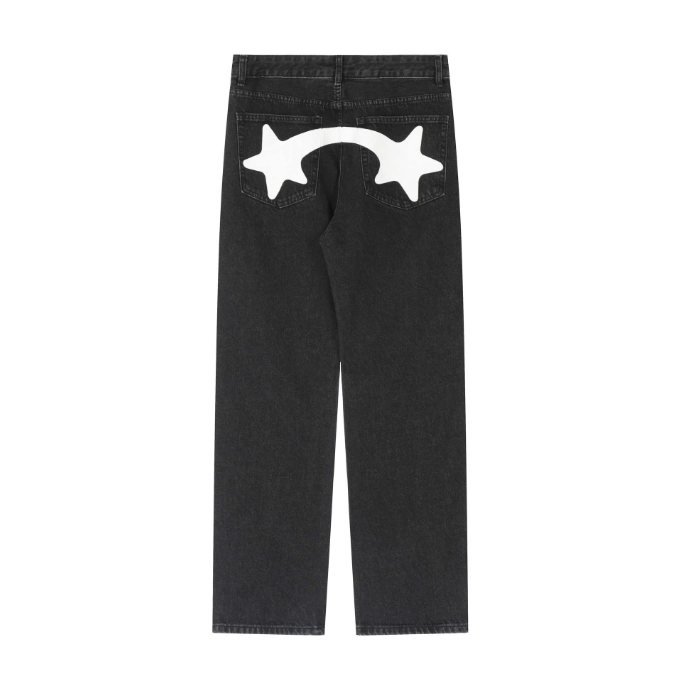 American high street pentagram printed jeans men fashion brand street loose wide leg casual straight trousers
