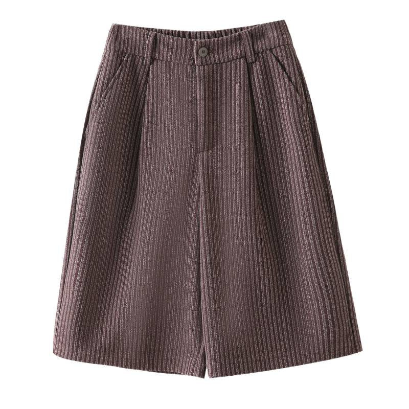 Womens AutumnWinter High-Waisted Striped Retro Wide-Leg Cropped Pants