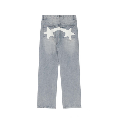 American high street pentagram printed jeans men fashion brand street loose wide leg casual straight trousers