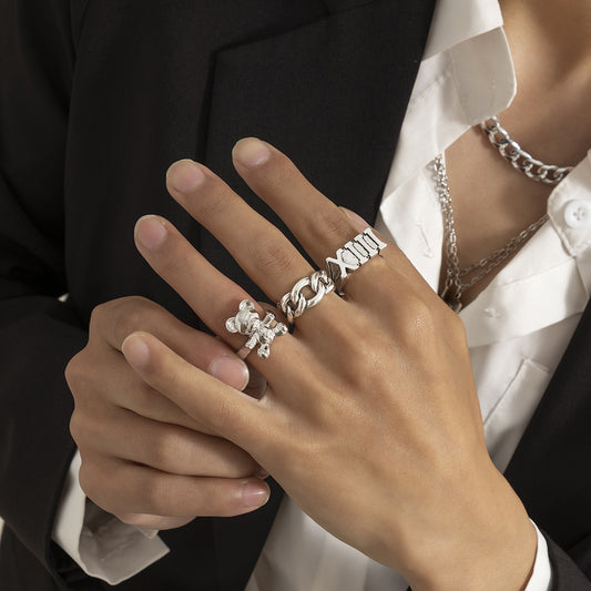 Jewelry Creative Bear Metal Geometric Ring Set Retro Roman Numerals Simple Hand Jewelry for Men