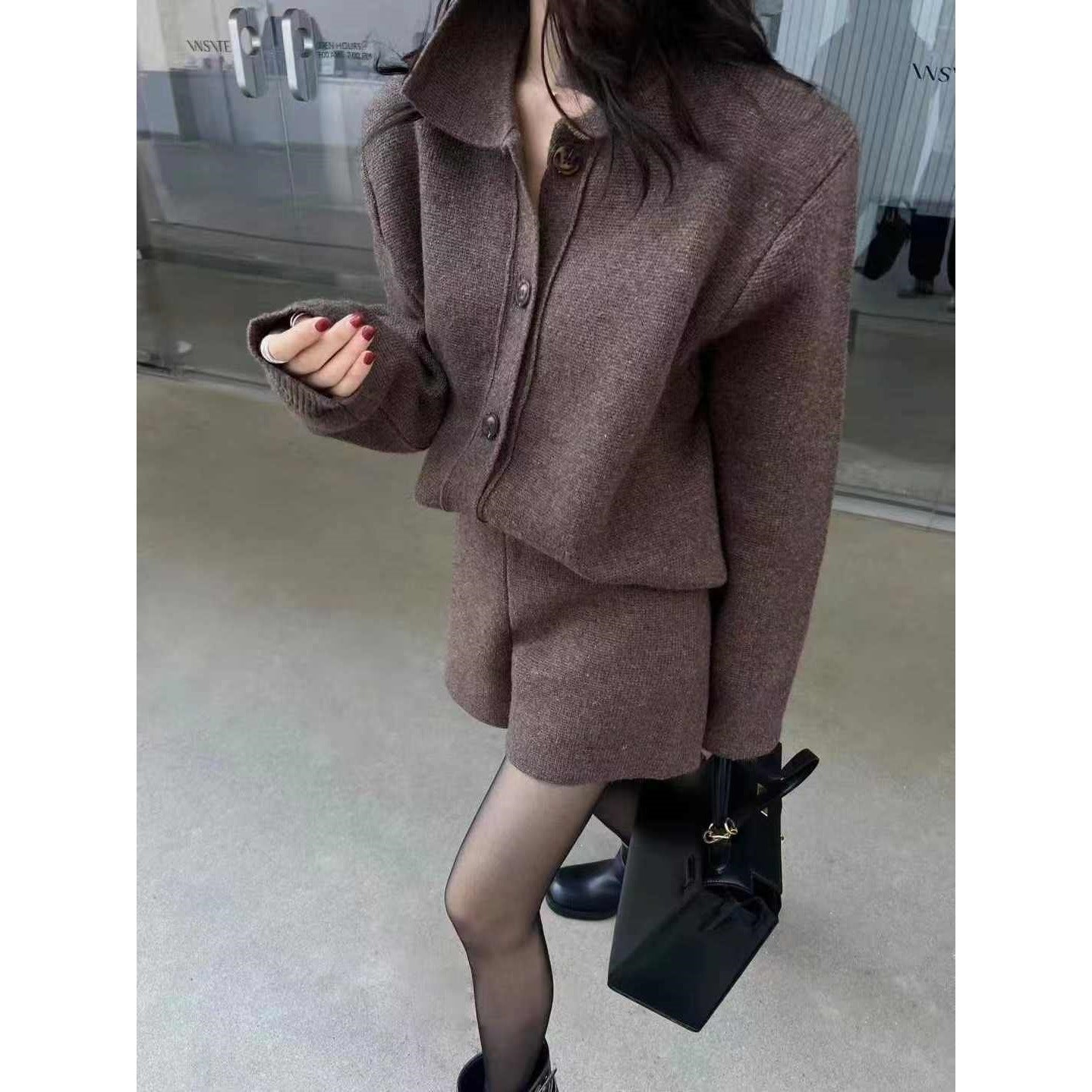 New Springautumn Polo-neck Sweater Jacket Short Two-piece Set