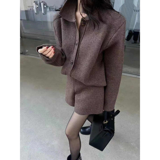 New Springautumn Polo-neck Sweater Jacket Short Two-piece Set