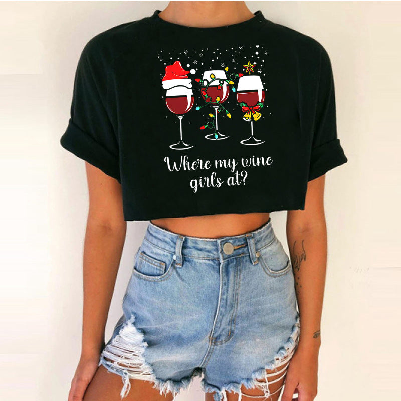 Women's Short Top Christmas Crop Top INS Style Spicy Girl Basic Short Sleeve Round Neck T-Shirt