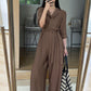 Elegant Solid-Color V-Neck Long-Sleeve Lace-Up Wide-Leg Jumpsuit