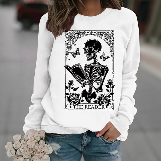Skeleton Reading Butterfly Pattern Printed Hoodie