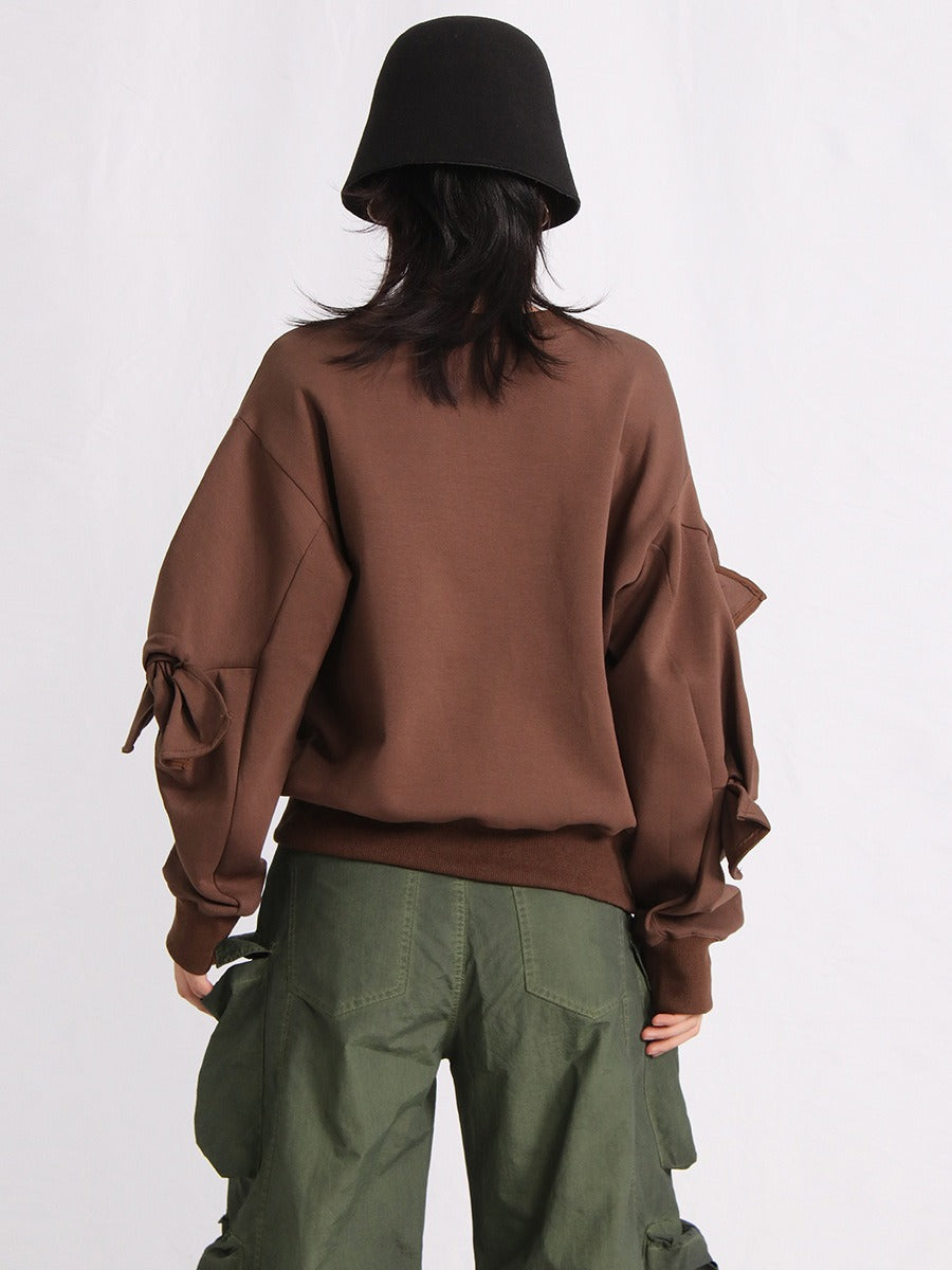 Patchwork Bow Sweatshirts For Women Round Neck Long Sleeve Loose Casual Pullover Solid Sweatshirt Female Fashion