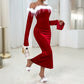 Women's sexy Christmas red dress autumn and winter new style temperament banquet mid length skirt
