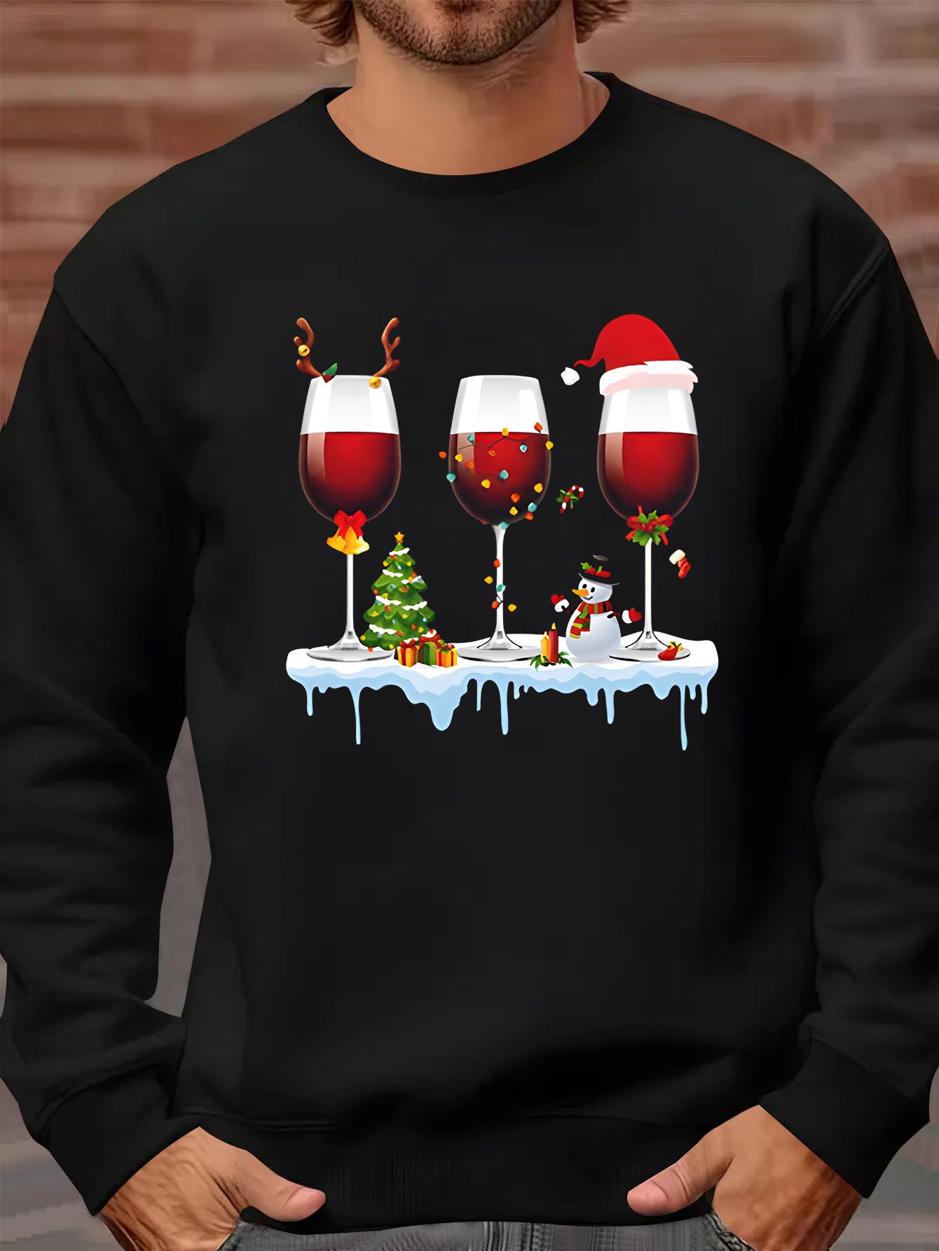 Men'S Crew Neck Long Sleeve Christmas-Themed Active Sweatshi