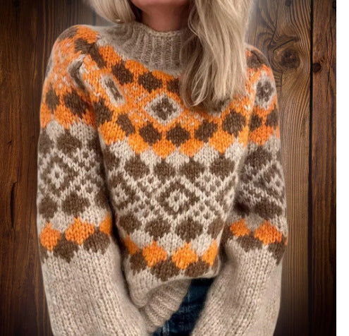 Half high collar pullover straight tube printed neutral style sweater