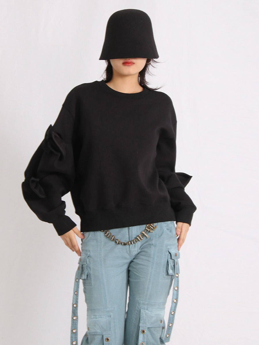 Patchwork Bow Sweatshirts For Women Round Neck Long Sleeve Loose Casual Pullover Solid Sweatshirt Female Fashion