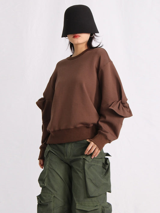 Patchwork Bow Sweatshirts For Women Round Neck Long Sleeve Loose Casual Pullover Solid Sweatshirt Female Fashion