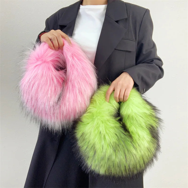 Fashion Soft Faux Fur Women Handbags Designer Y2K Long Plush Lady Hand Bags Luxury Round Clutch Bag Fluffy Female Purse