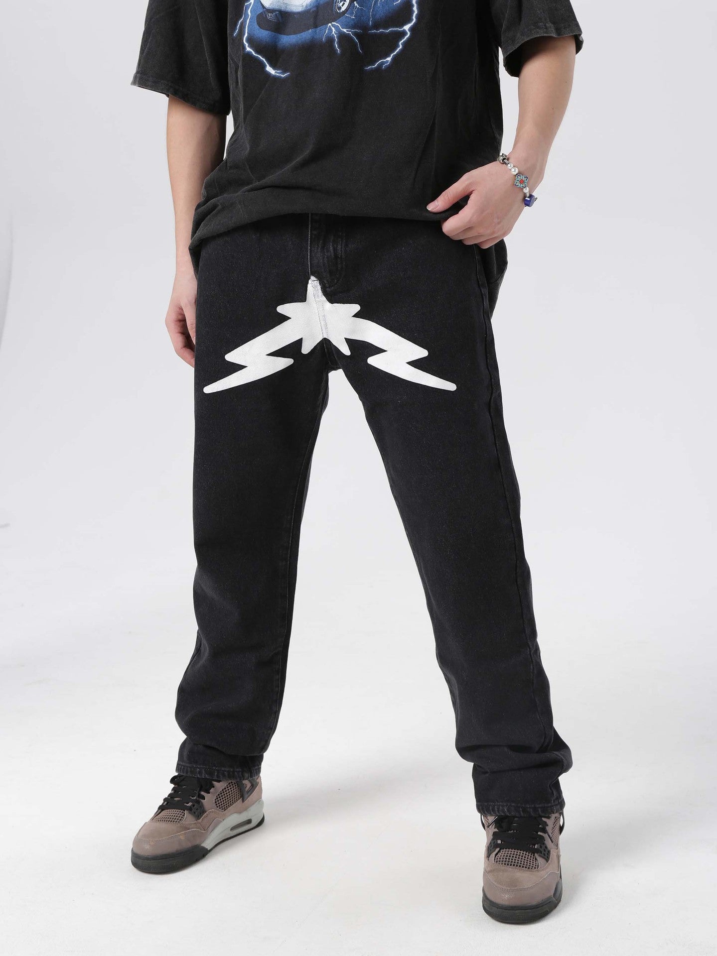 American high street pentagram printed jeans men fashion brand street loose wide leg casual straight trousers