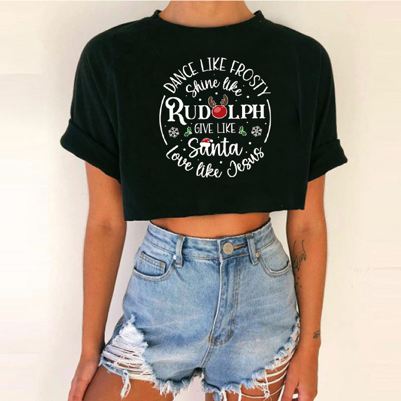 Women's Short Top Christmas Crop Top INS Style Spicy Girl Basic Short Sleeve Round Neck T-Shirt