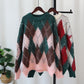 Retro contrasting diamond grid Christmas sweater with loose and lazy style soft and sticky knitted top for women