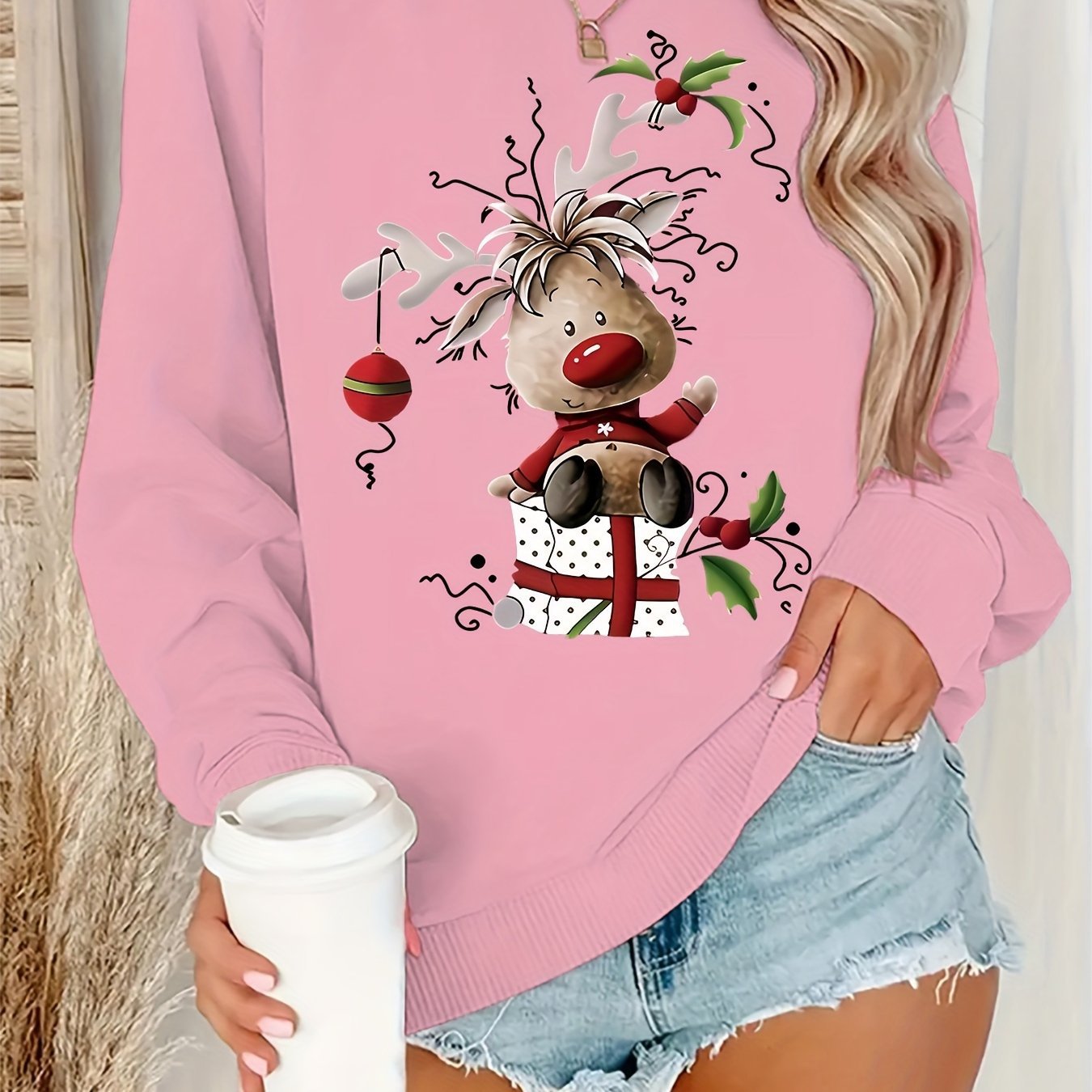Long Sleeve Christmas Reindeer Graphic Crew Neck Sweatshirt